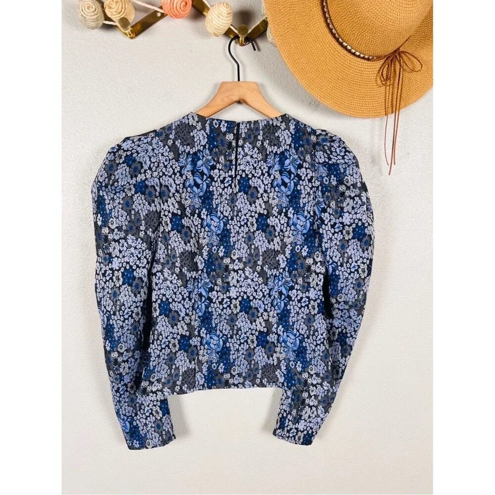 Hyacinth House Priscilla Puff Sleeve Top Blue Floral Jacquard Size Small